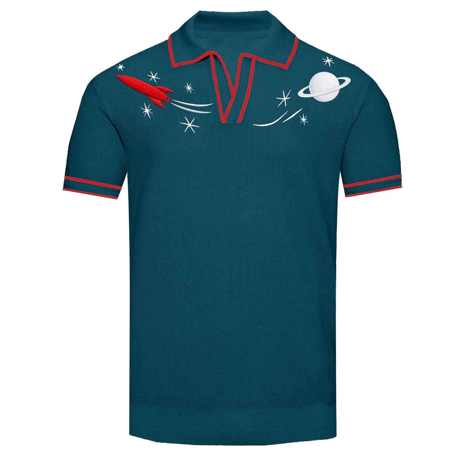Men's Blue Rocket Planet Embroidered polo Knit Shirt