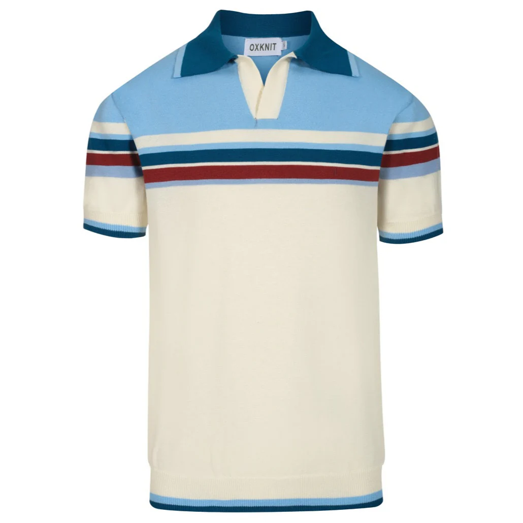 Men's blue striped retro V-neck polo
