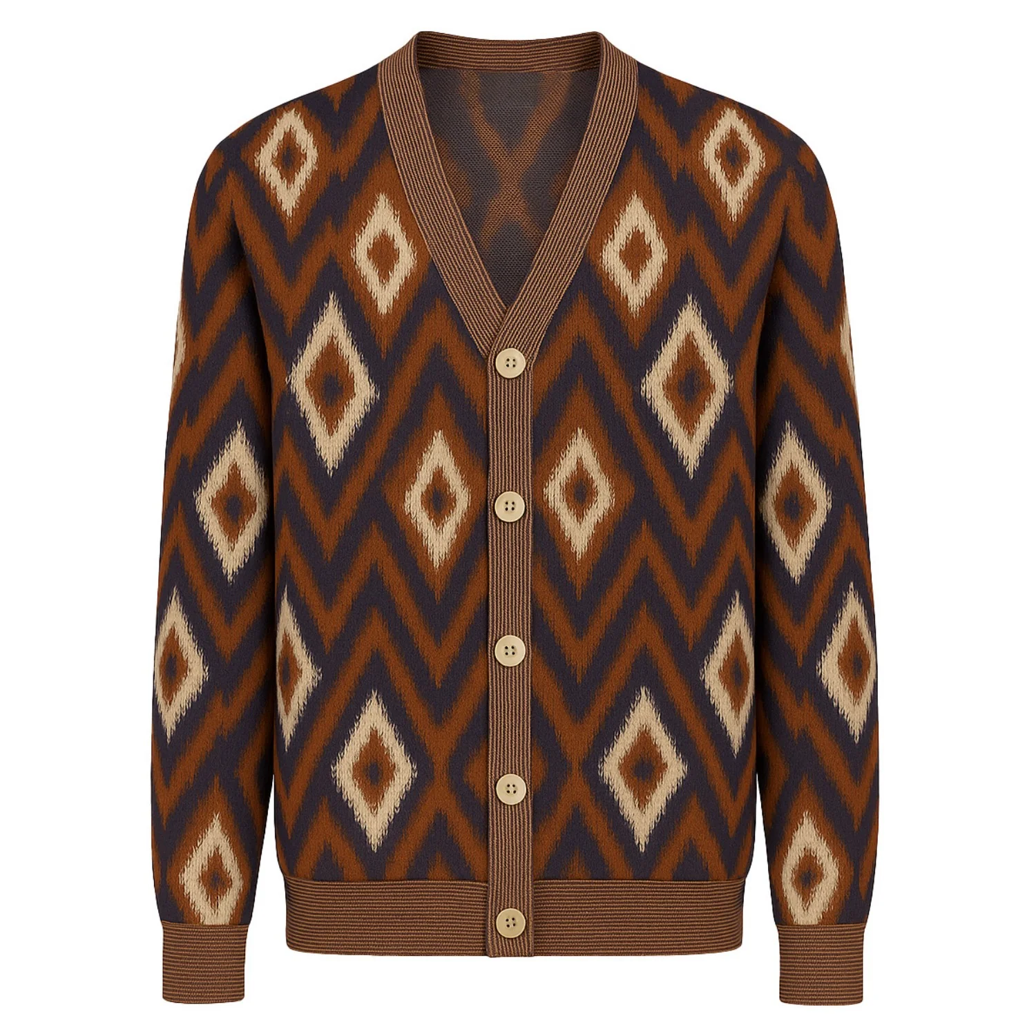 Men's brown argyle jacquard sweater cardigan