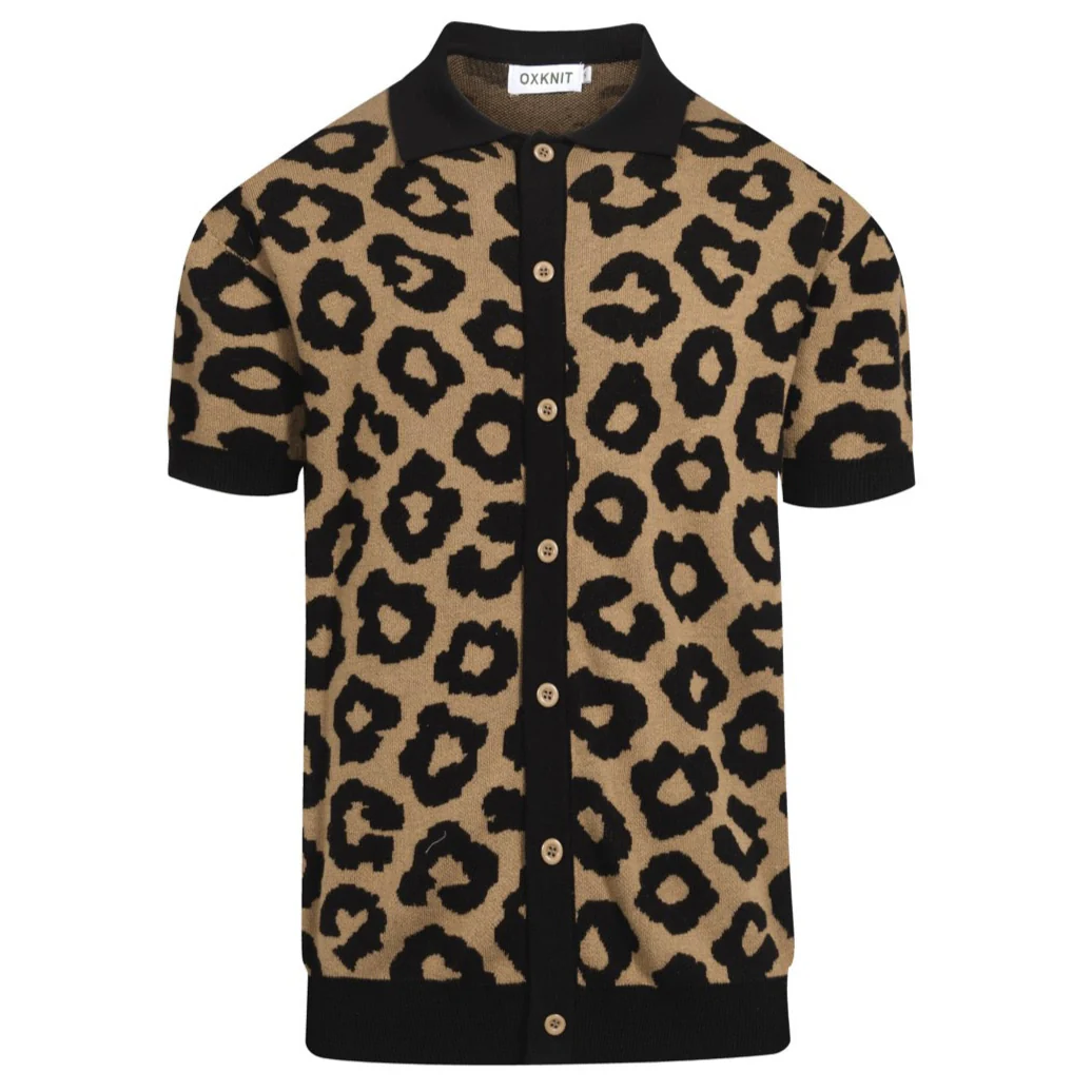 Men's brown leopard print vintage jacquard knitted cardigan