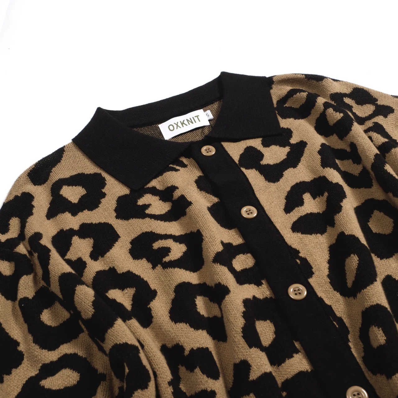 Men's brown leopard print vintage jacquard knitted cardigan - Image 6