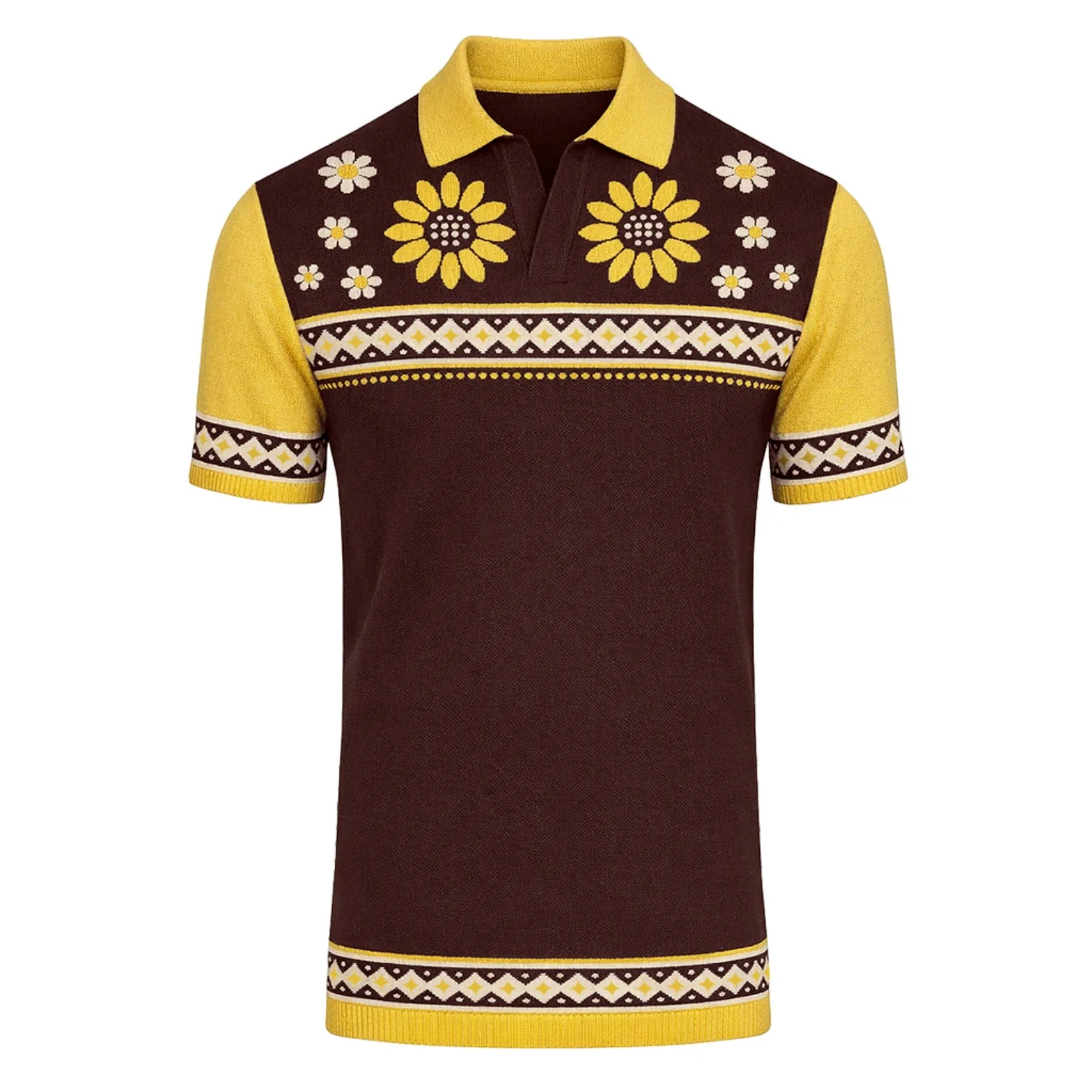 Men's brown retro graphic V-neck knitted polo