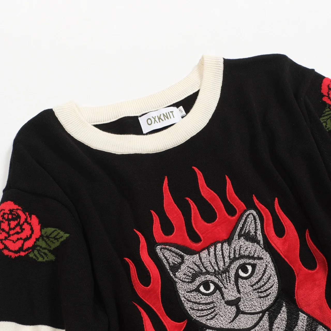 Men's Cat Flame jacquard Rose embroidered knit T-shirt - Image 10