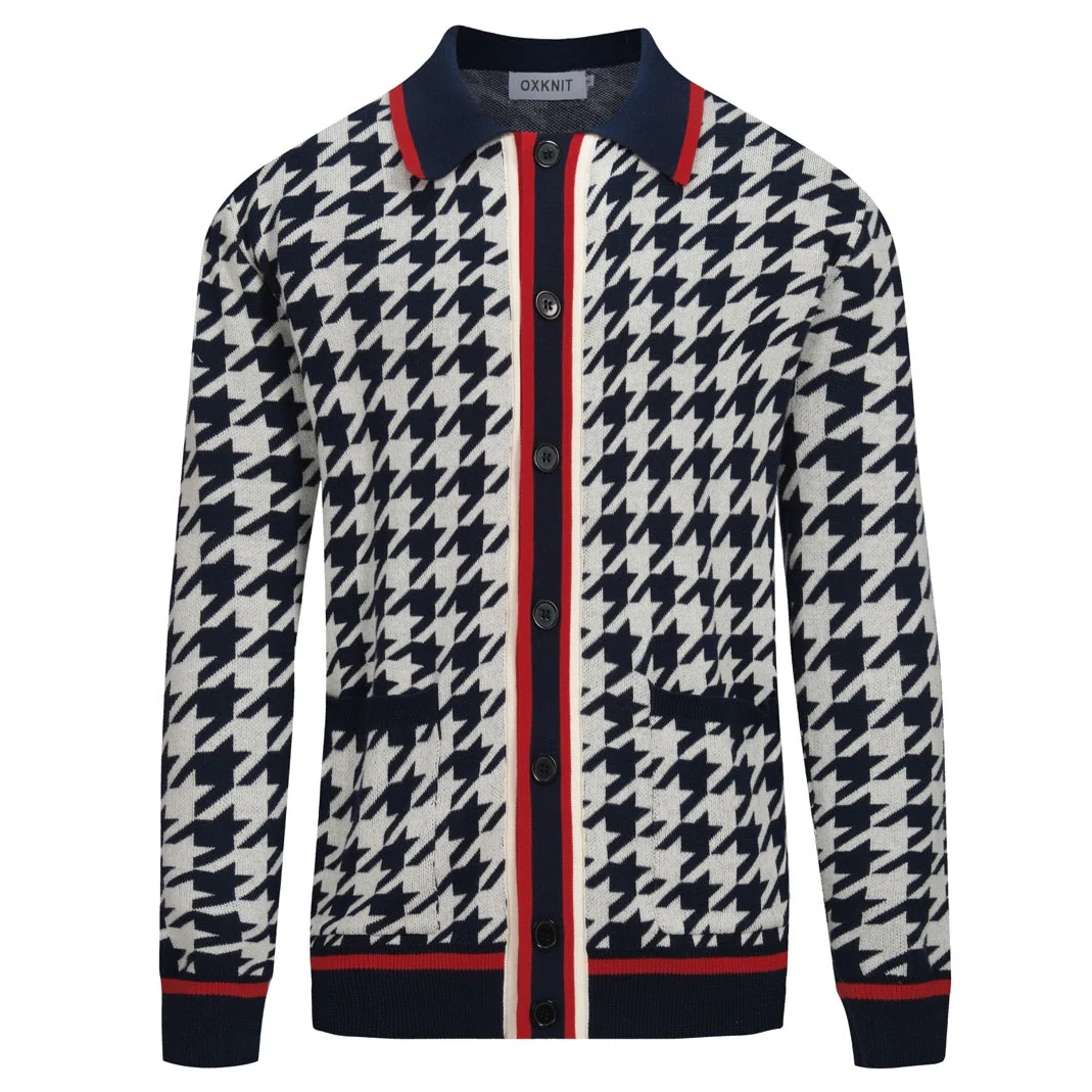 Men's dark blue birdcheck pocket knitted cardigan