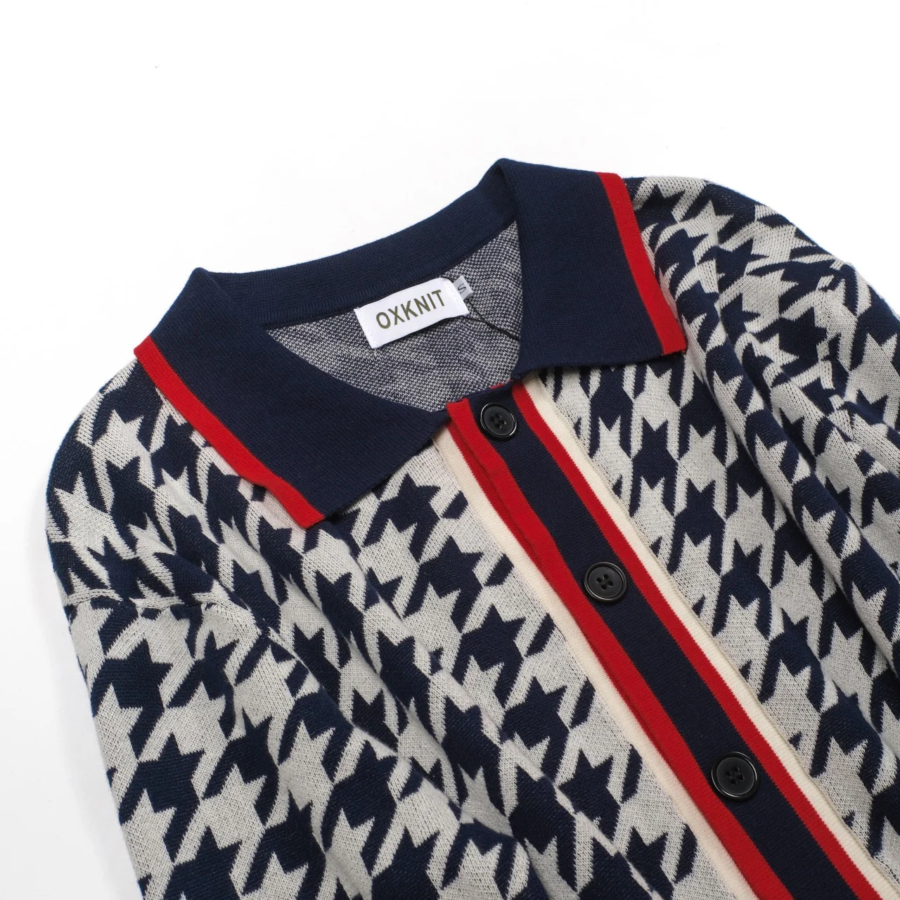 Men's dark blue birdcheck pocket knitted cardigan - Image 11
