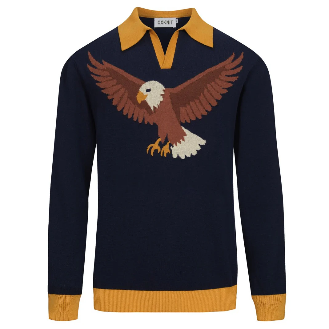 Men's Dark Blue Classic Bird Patterned Knitted Polo Shirt