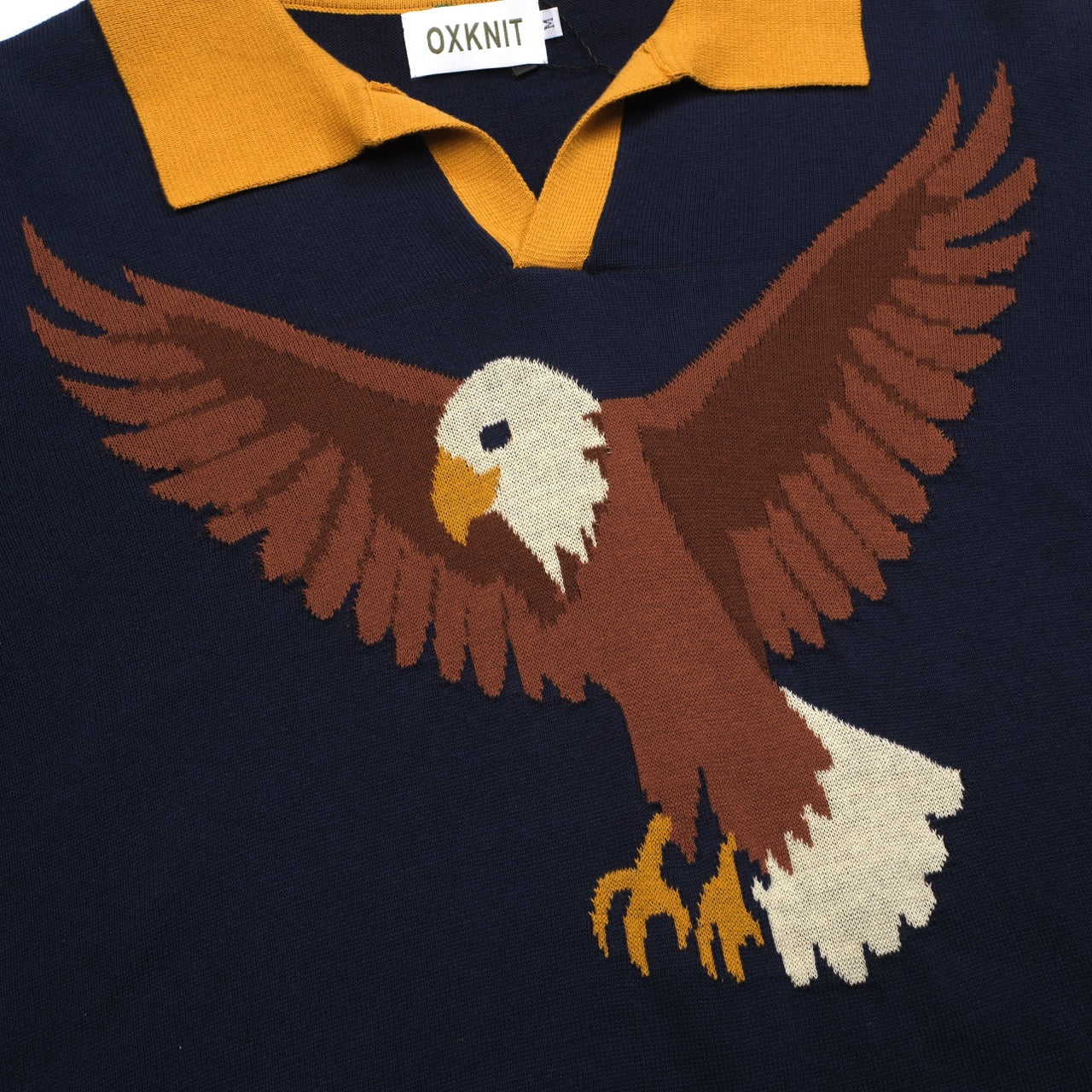 Men's Dark Blue Classic Bird Patterned Knitted Polo Shirt - Image 2