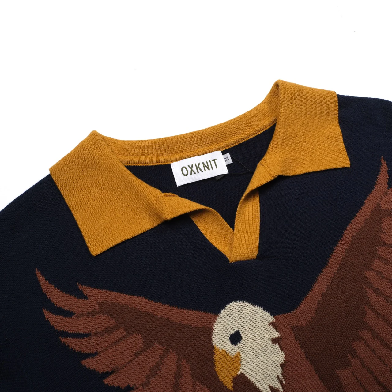 Men's Dark Blue Classic Bird Patterned Knitted Polo Shirt - Image 4