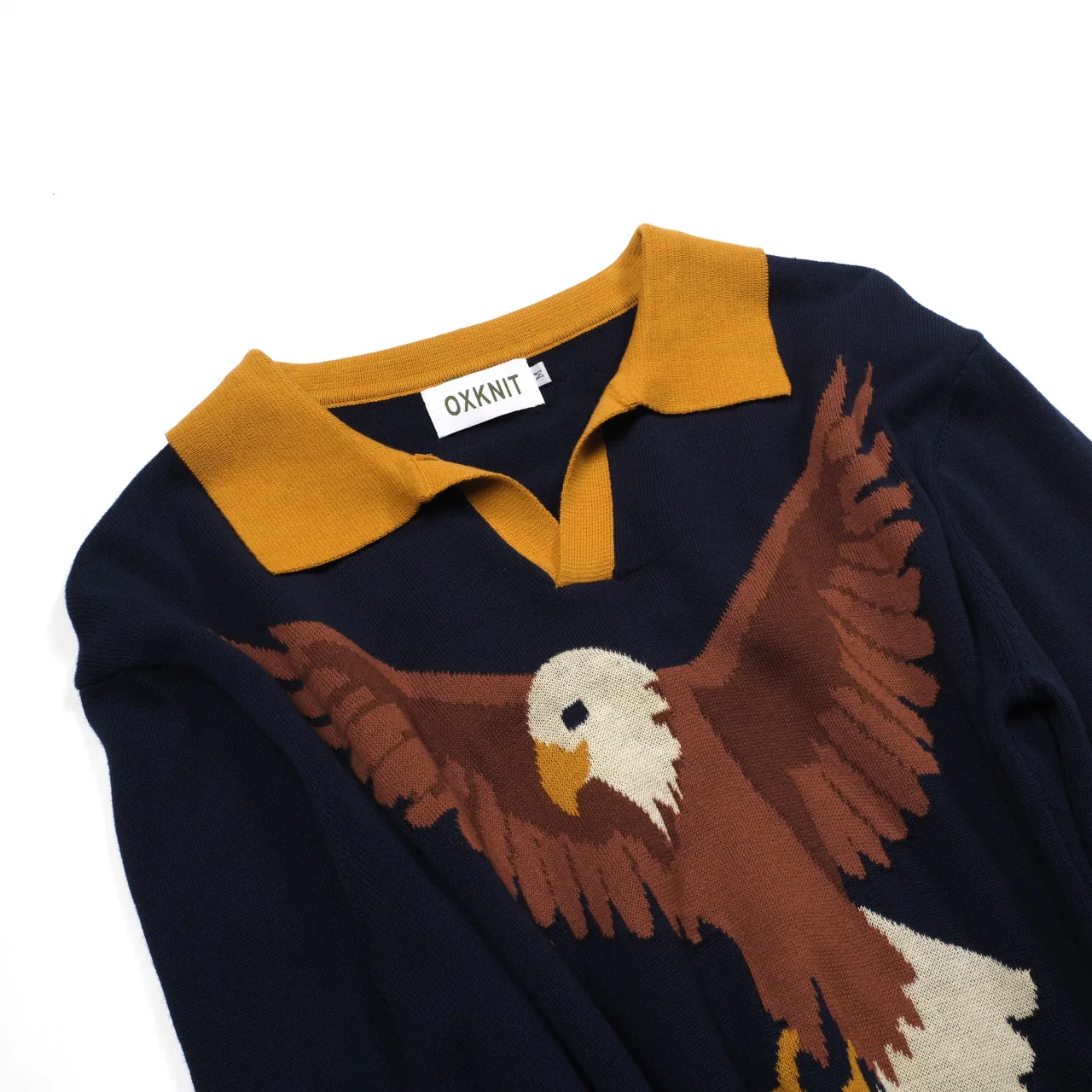 Men's Dark Blue Classic Bird Patterned Knitted Polo Shirt - Image 9