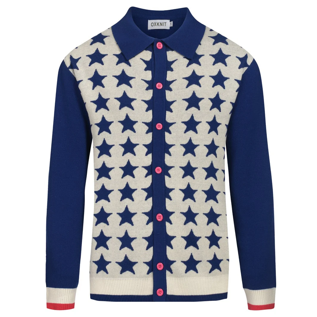 Men's dark blue classic retro-style jacquard cardigan