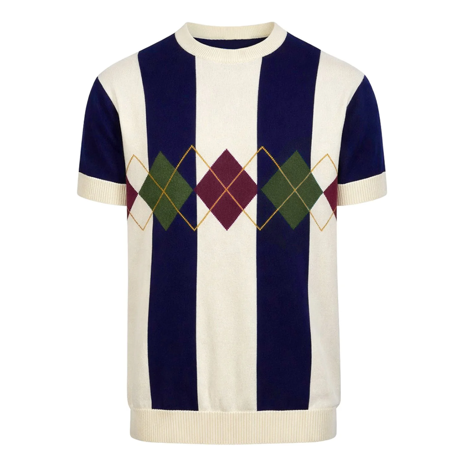 Men's dark blue diamond check vintage knit T-shirt