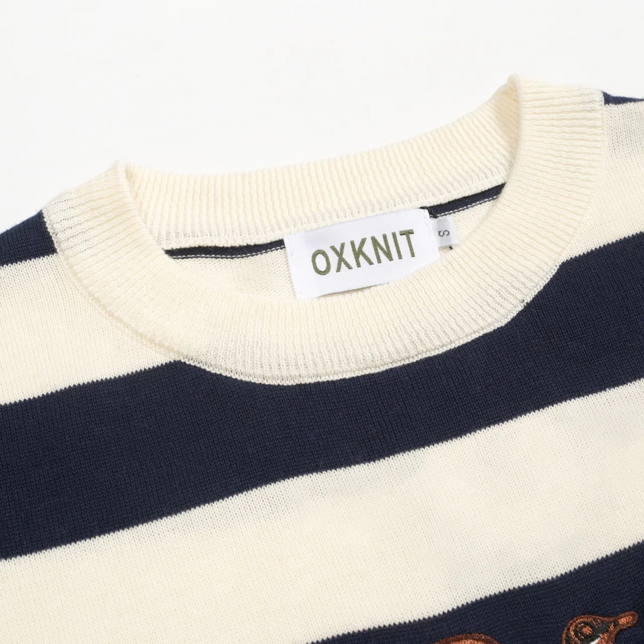 Men's dark blue striped animal embroidery knitted T-shirt - Image 4