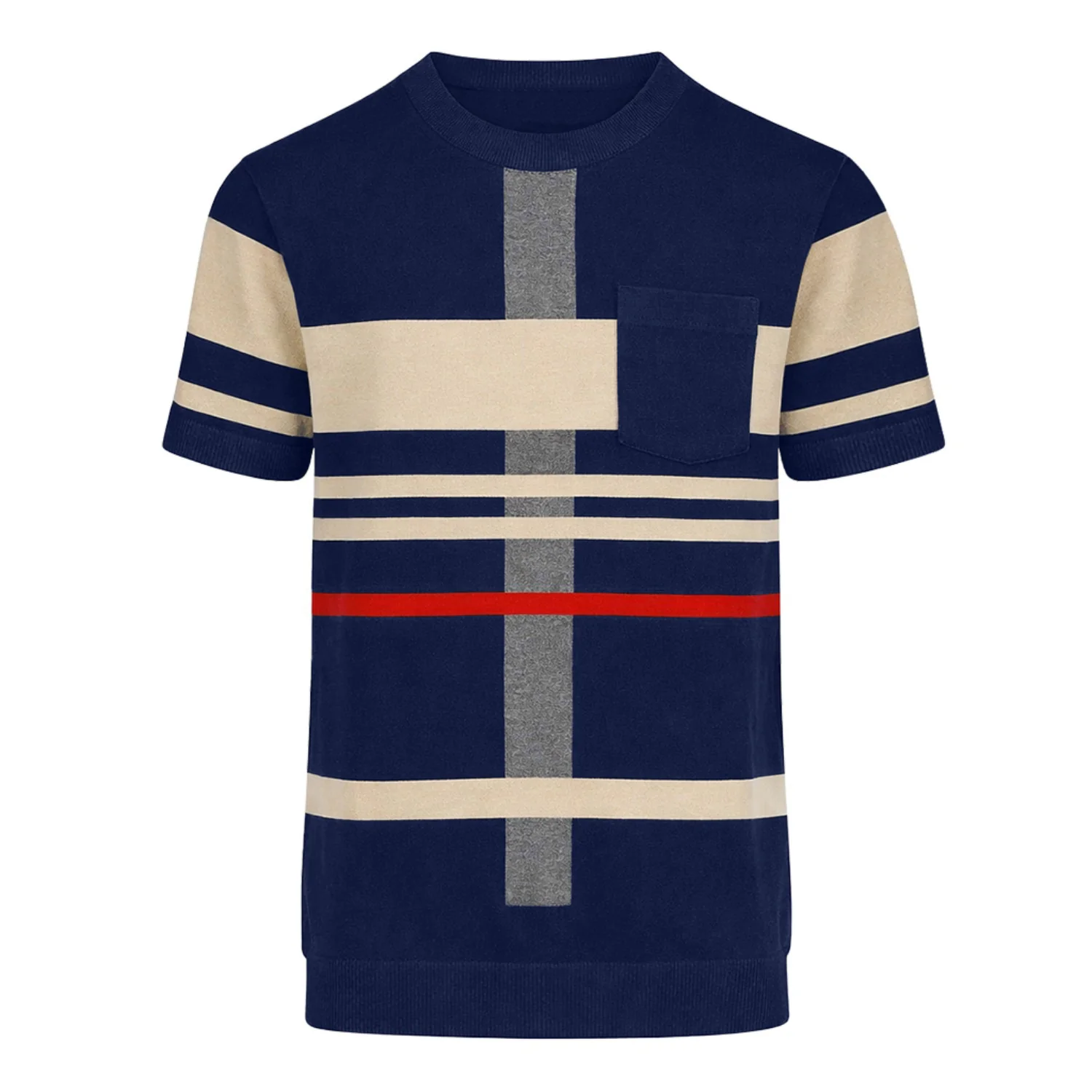Men's dark blue striped pocket vintage knit T-shirt