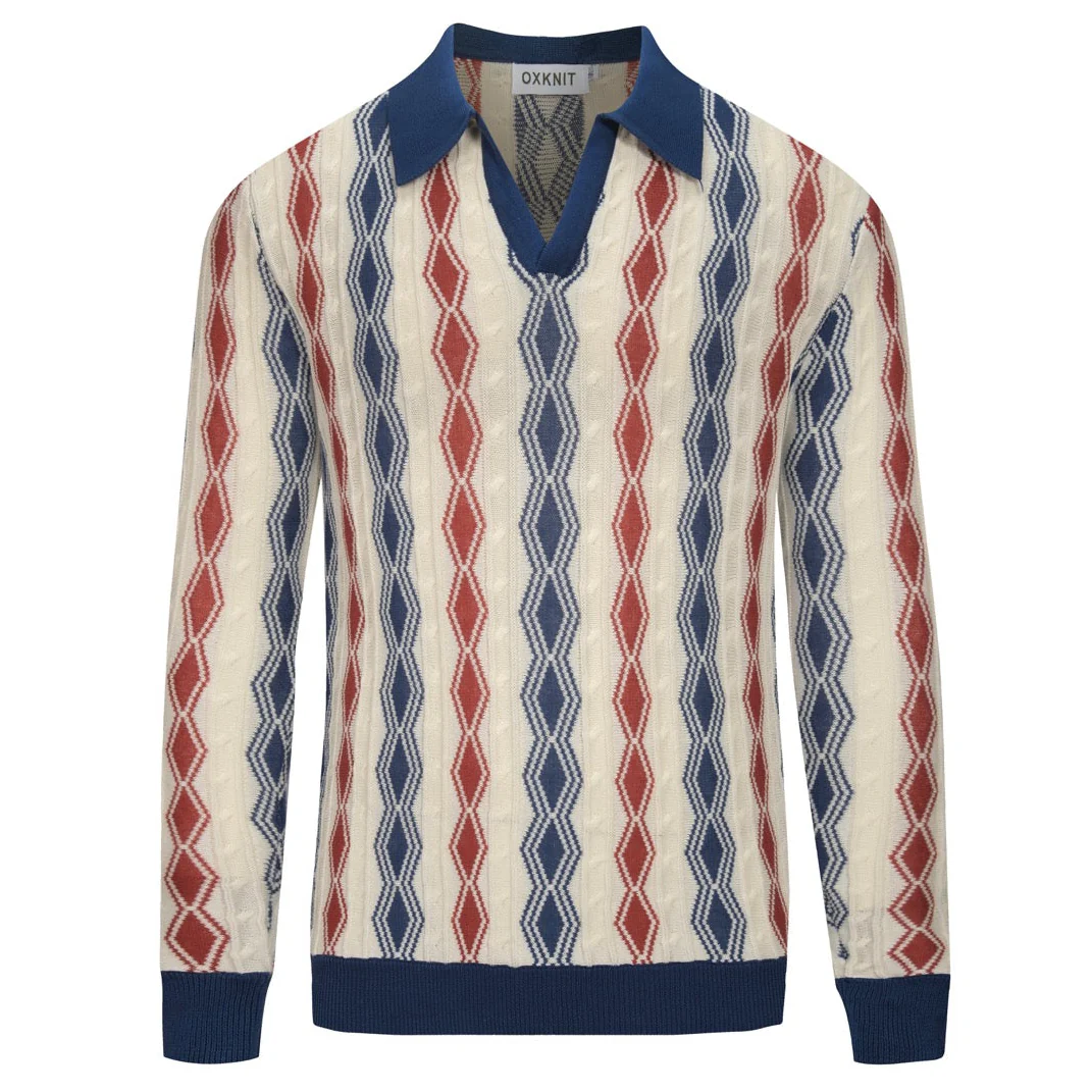 Men's dark blue vintage casual V-neck polo knitwear