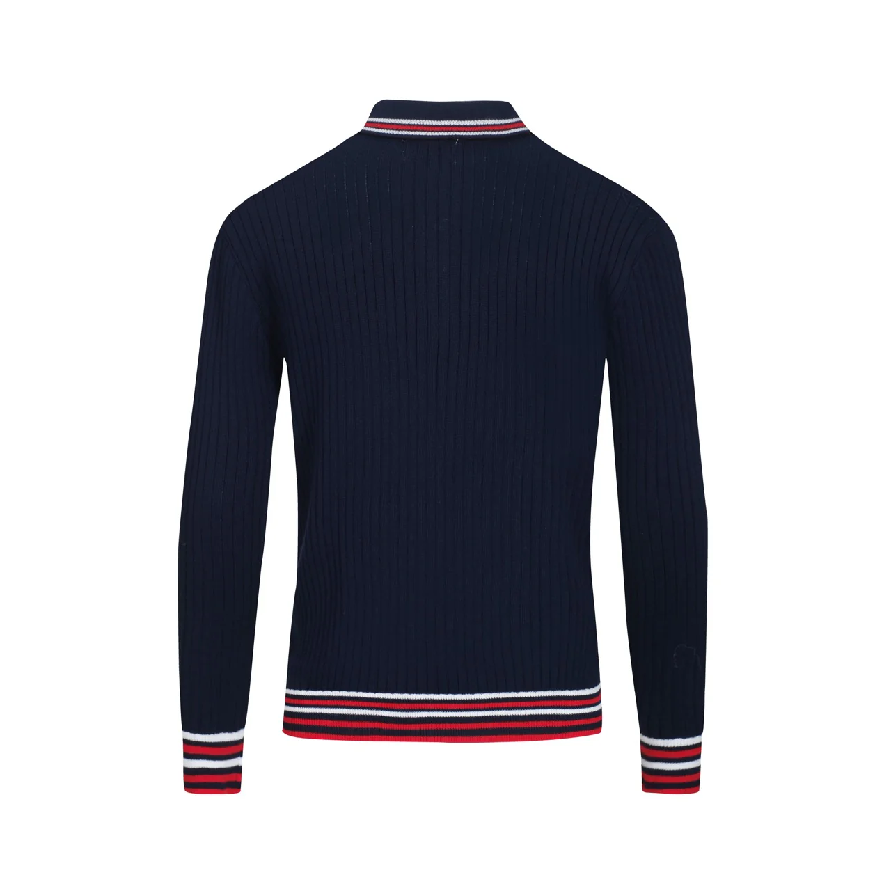 Men's dark blue vintage striped pothole knitted polo shirt - Image 3