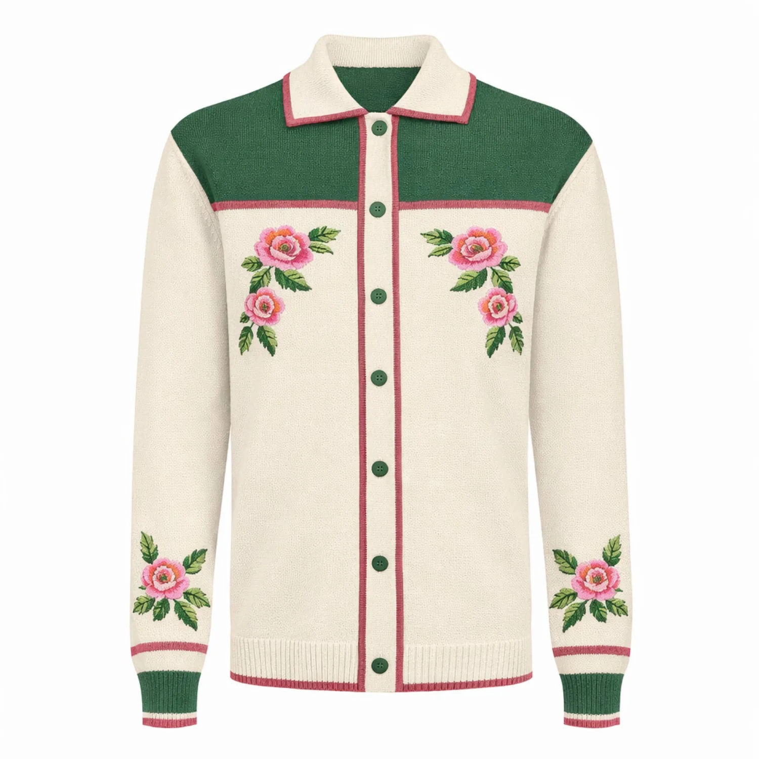 Men's Flower Embroidery Art Design Jacquard Knitted Cardigan