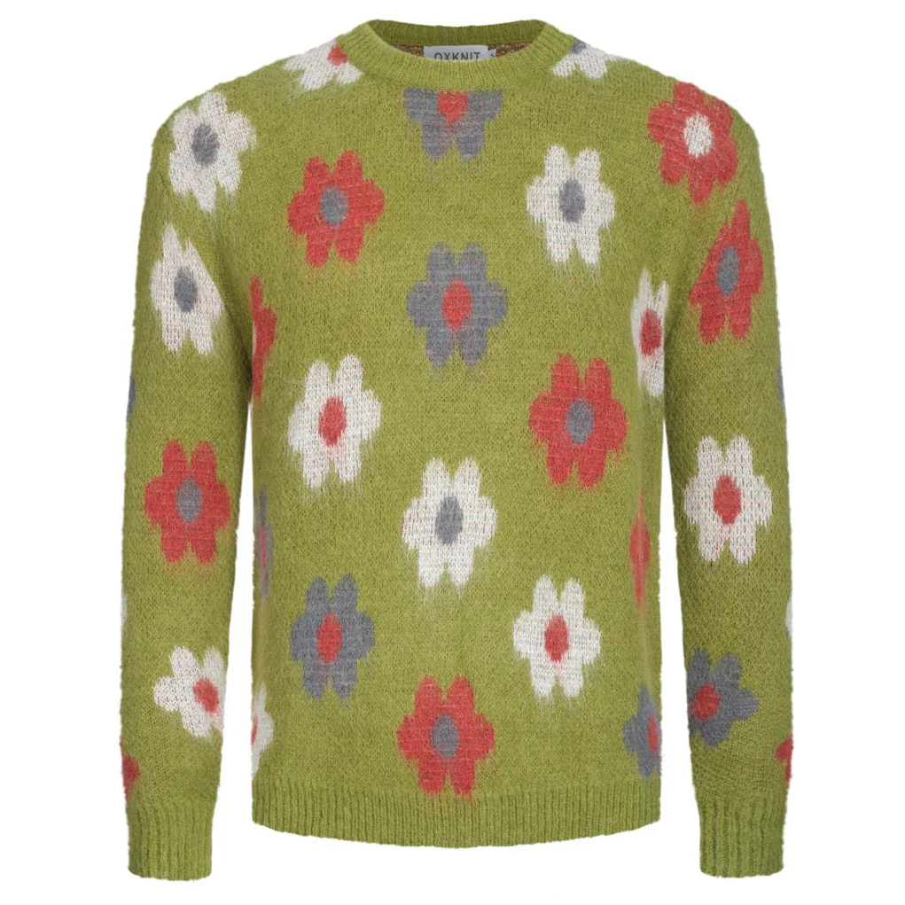Men's green floral vintage plush knit sweater