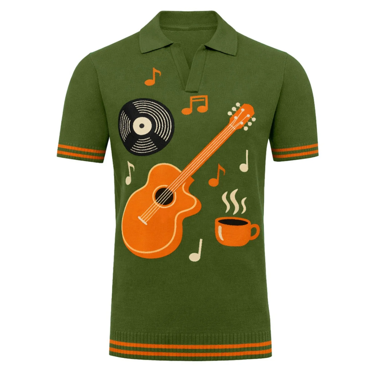 Men's green guitar retro V-neck short-sleeved polo