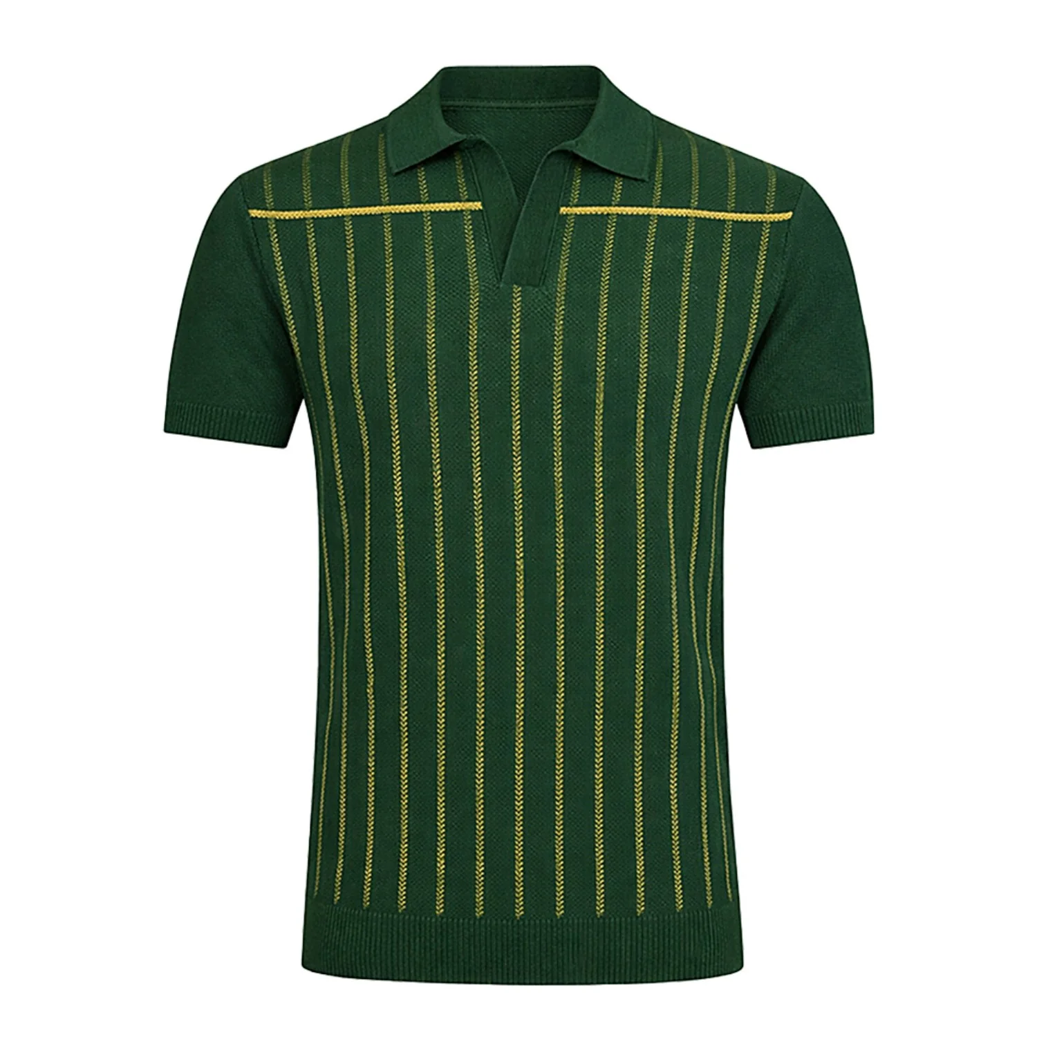 Men's green retro striped design knitted V-neck knitted polo