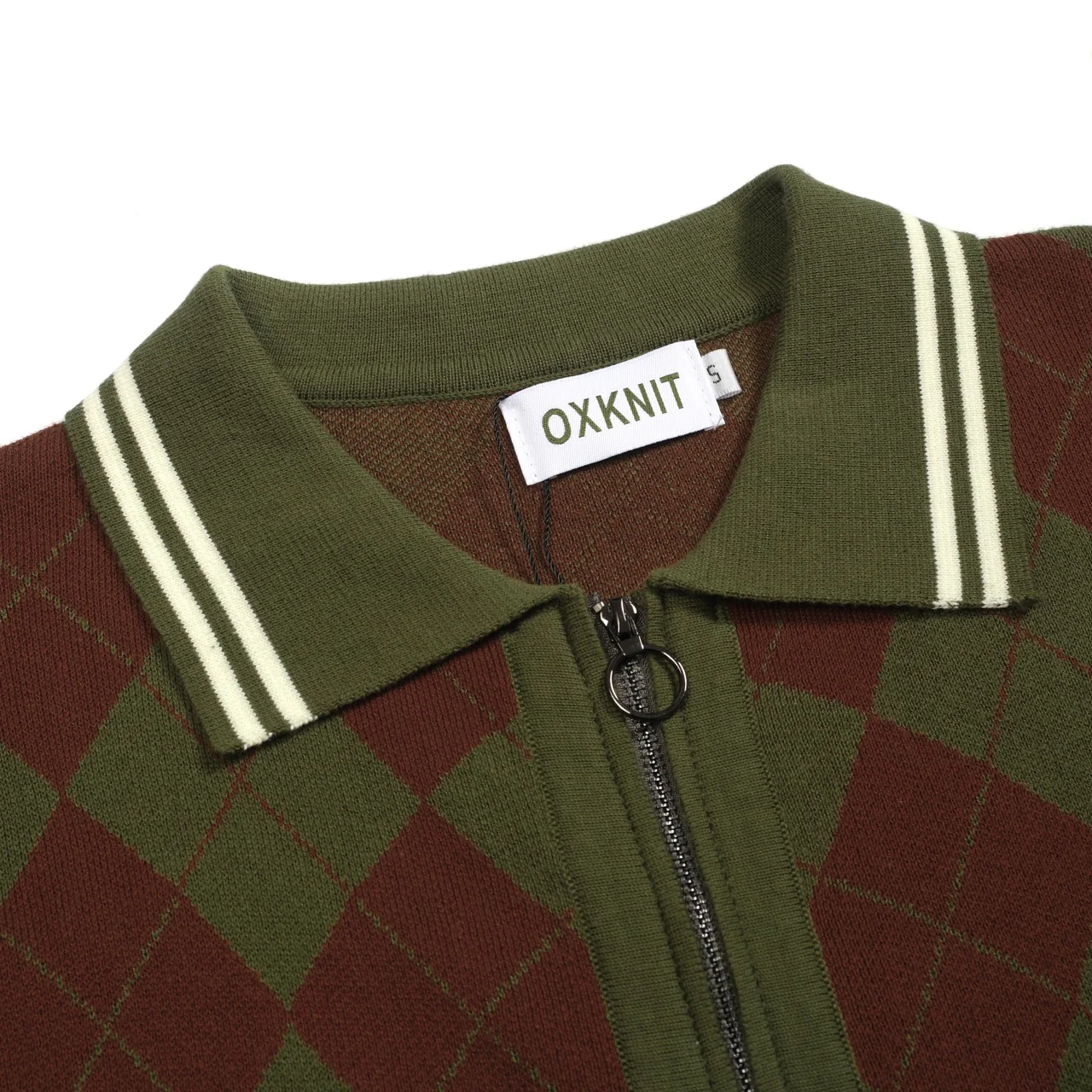 Men's green vintage diamond check knit zipper cardigan - Image 4