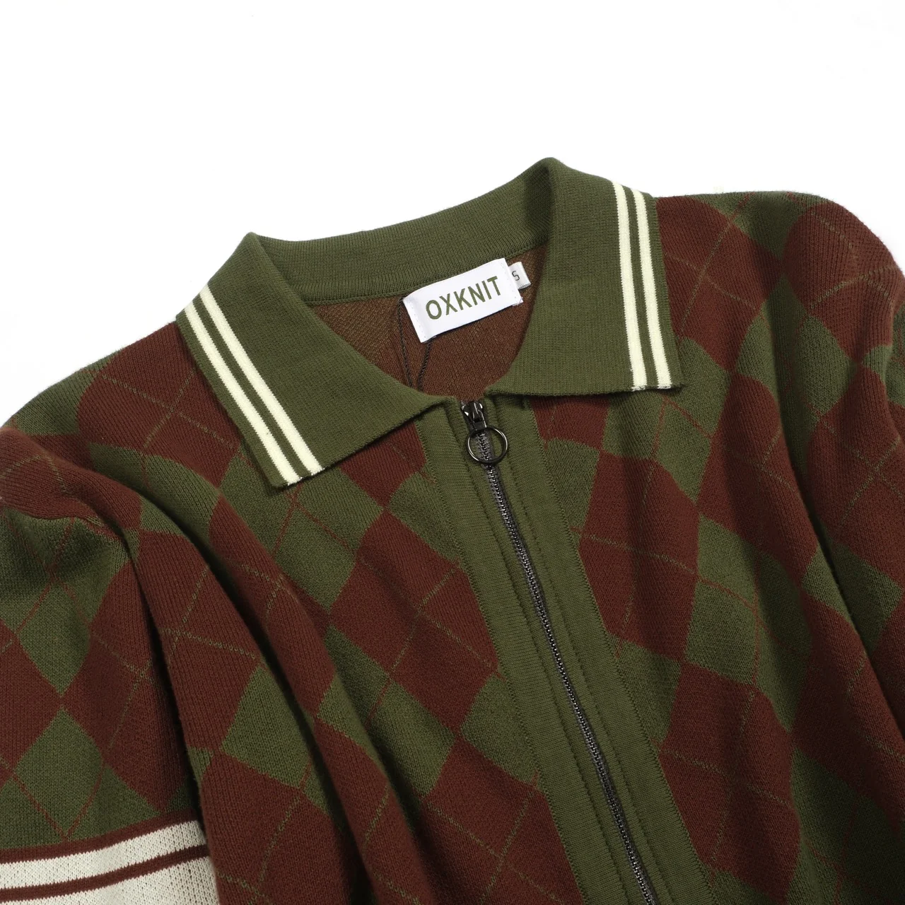 Men's green vintage diamond check knit zipper cardigan - Image 9