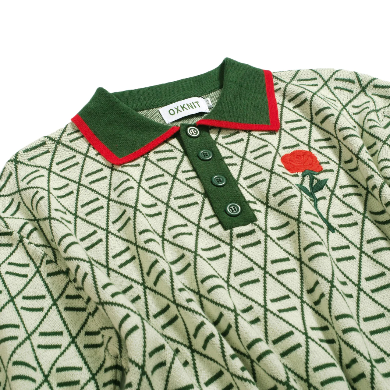 Men's green vintage graphic embroidered V-neck polo shirt - Image 3