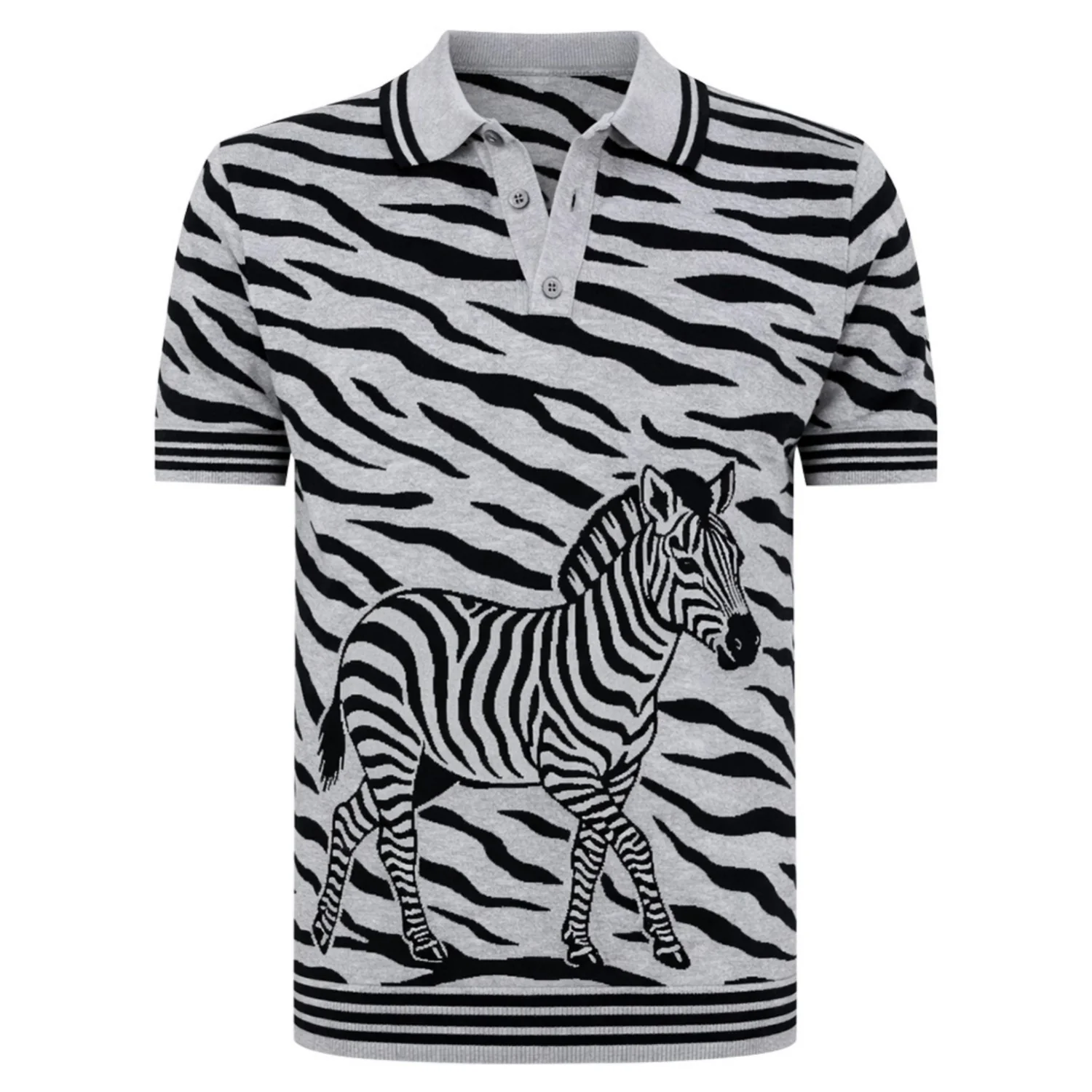 Men's grey zebra print vintage jacquard short-sleeved polo shirt