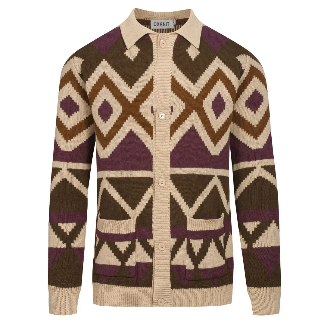 Men's khaki color trendy street jacquard cardigan
