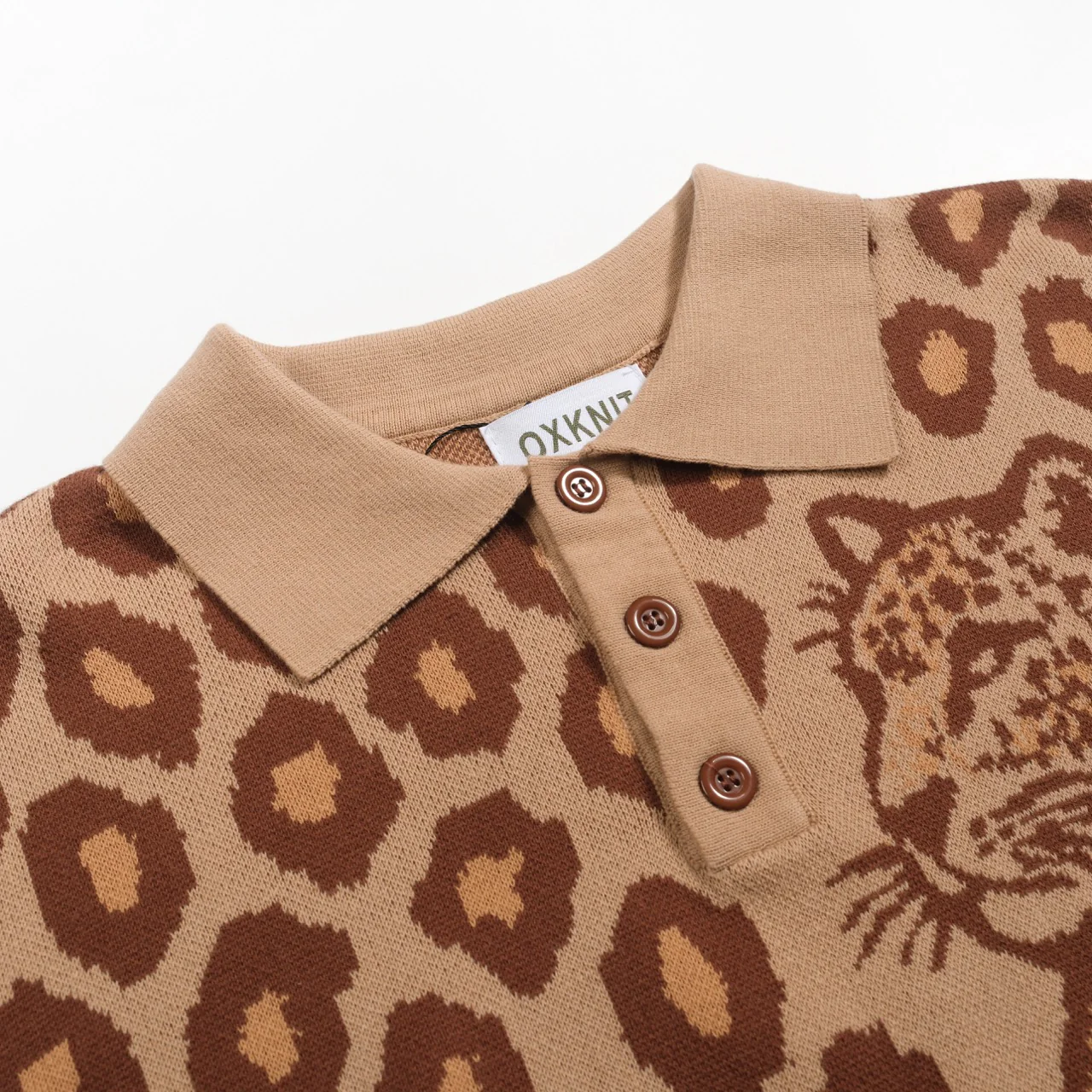 Men's khaki leopard print tiger jacquard knitted polo shirt - Image 4