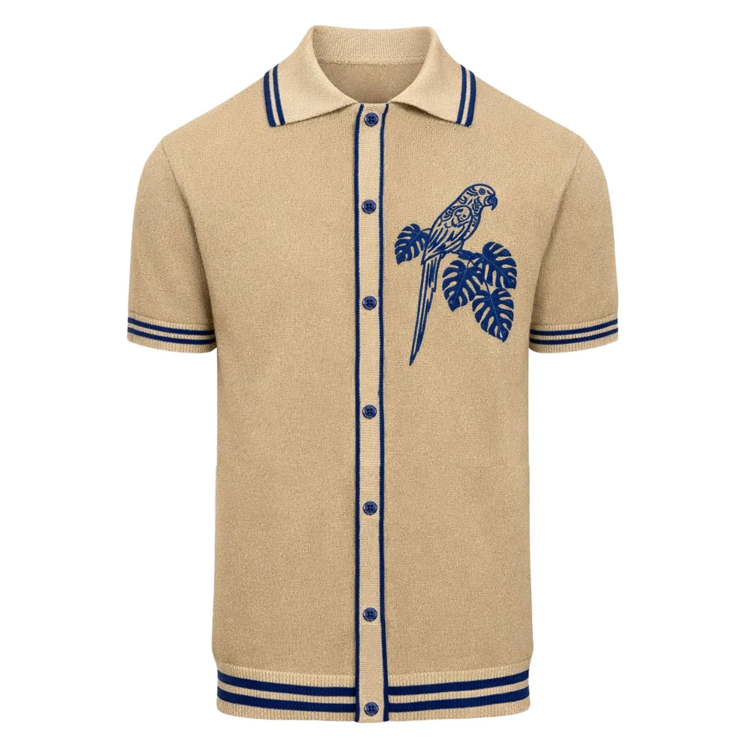 Men's Khaki Retro Bird Embroidery Knitted Cardigan