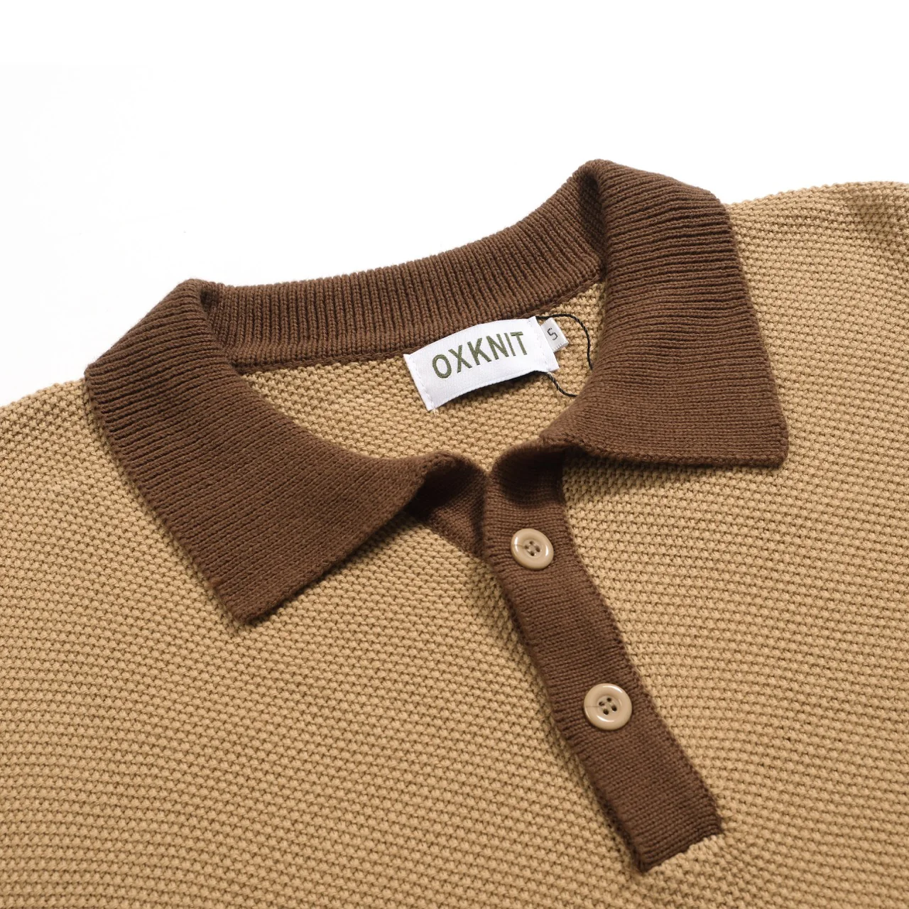 Men's khaki retro texture matching color knitted polo shirt - Image 3