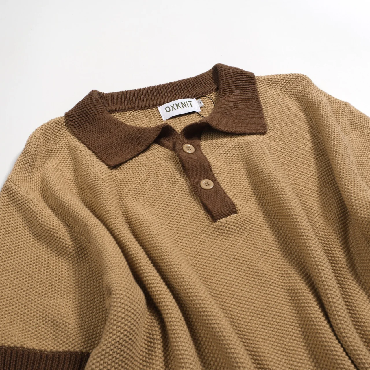 Men's khaki retro texture matching color knitted polo shirt - Image 7