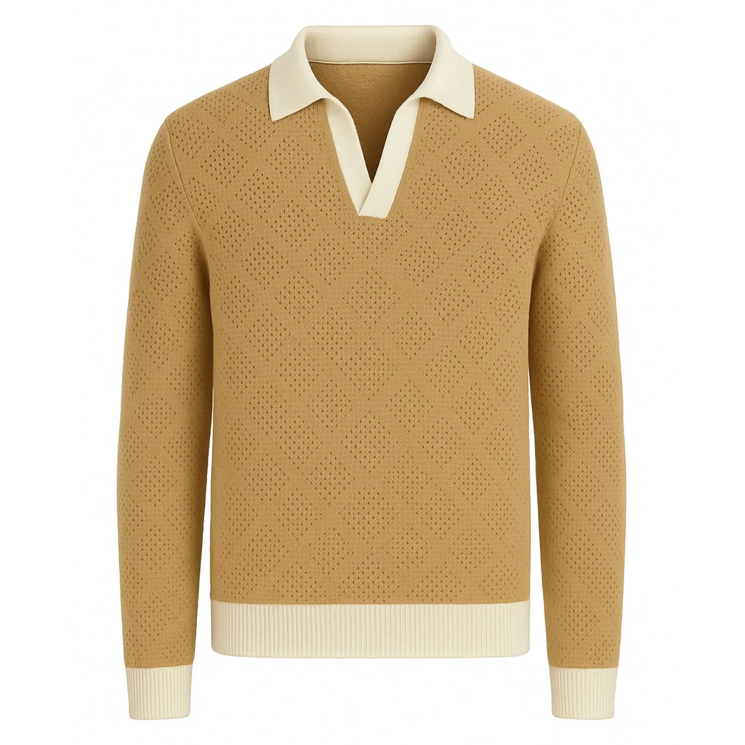 Men's khaki textured V-neck knitted polo shirt