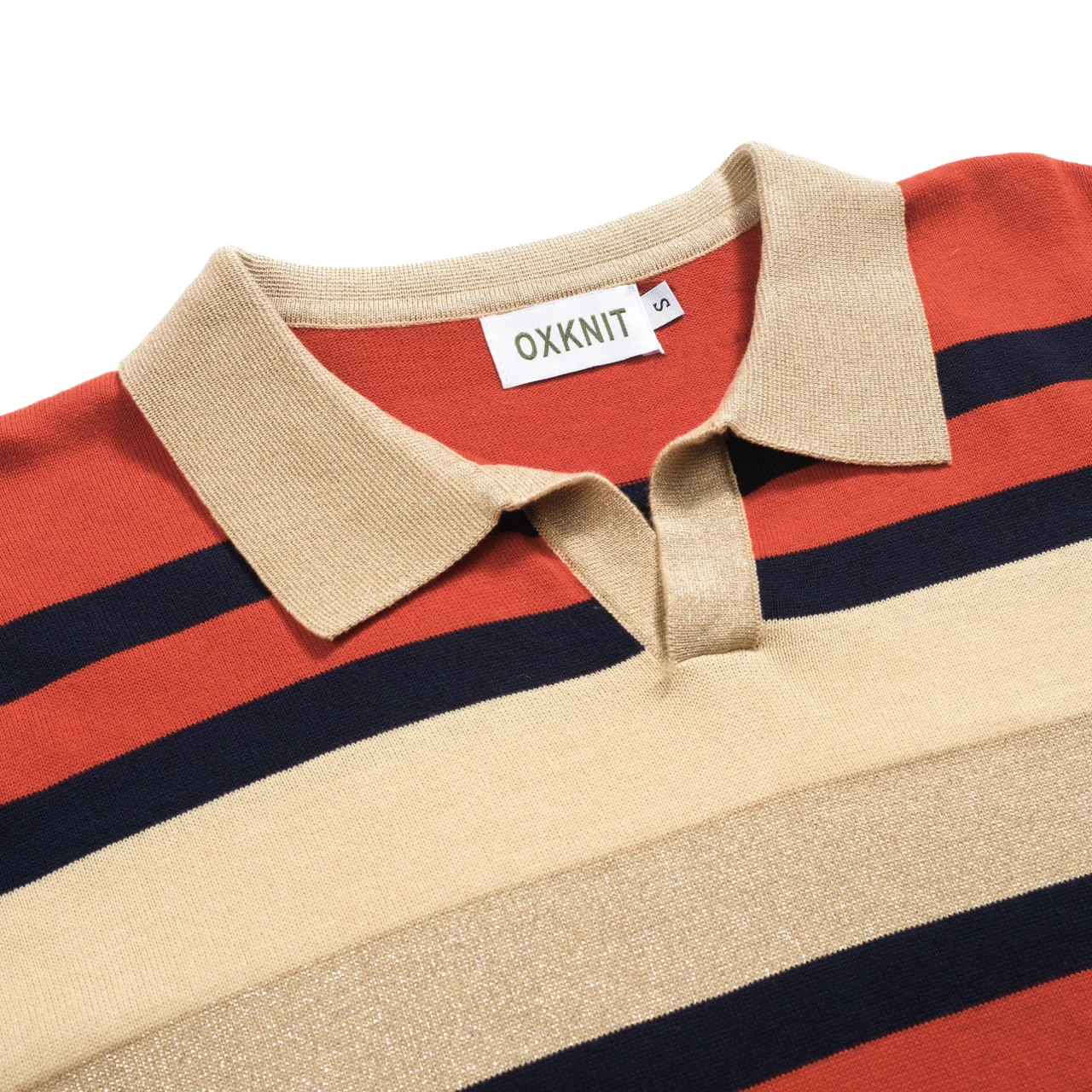 Men's khaki vintage striped V-neck knitted polo shirt - Image 4