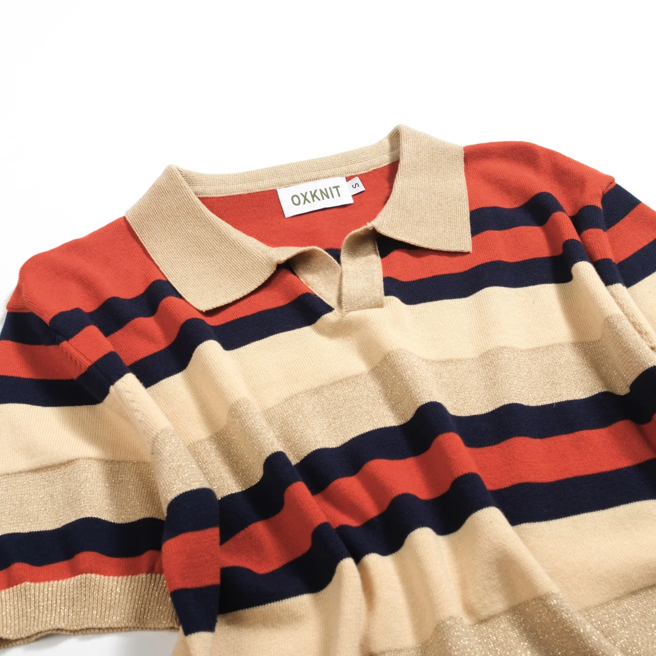 Men's khaki vintage striped V-neck knitted polo shirt - Image 9