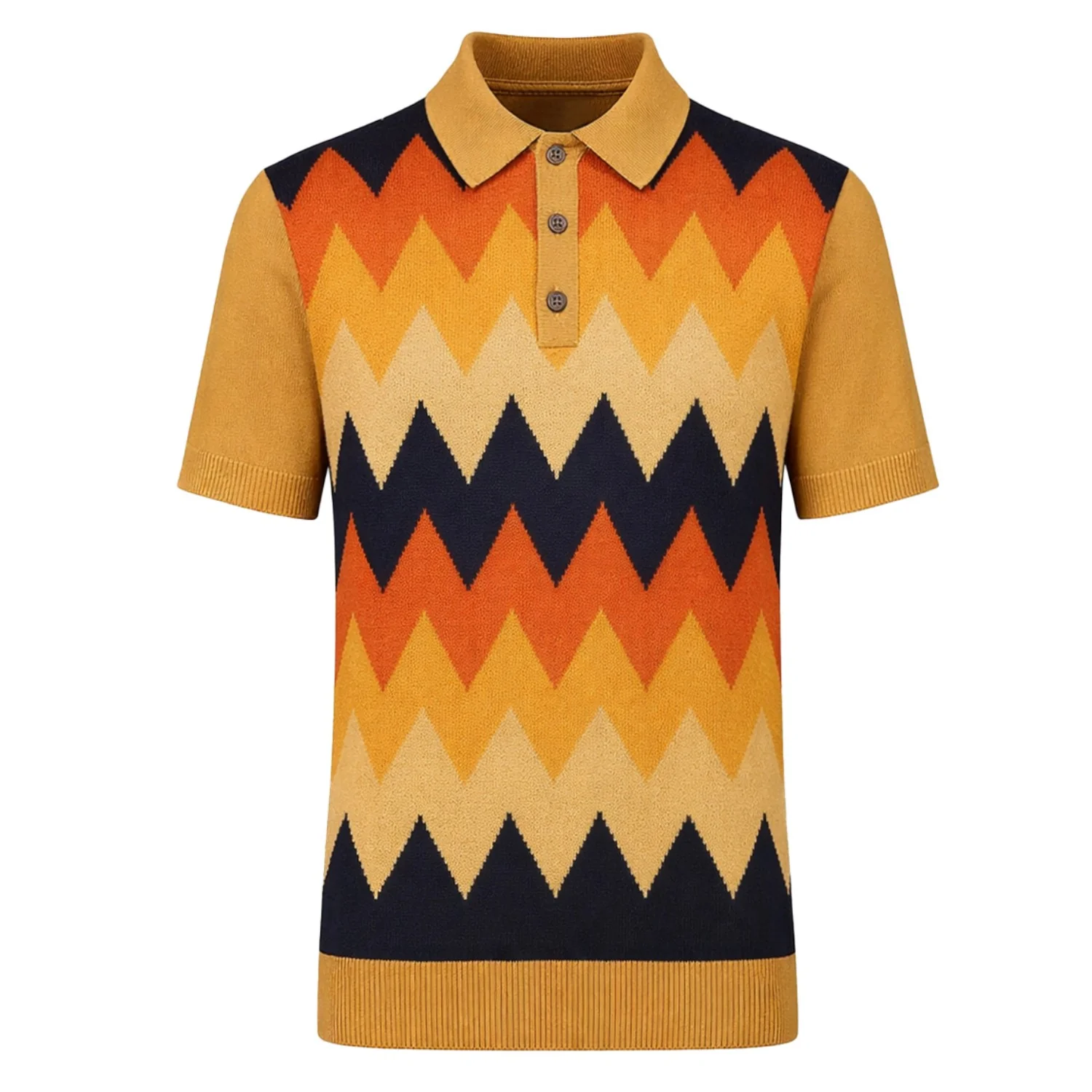 Men's Mustard Yellow Retro Striped Jacquard Polo Knit Shirt