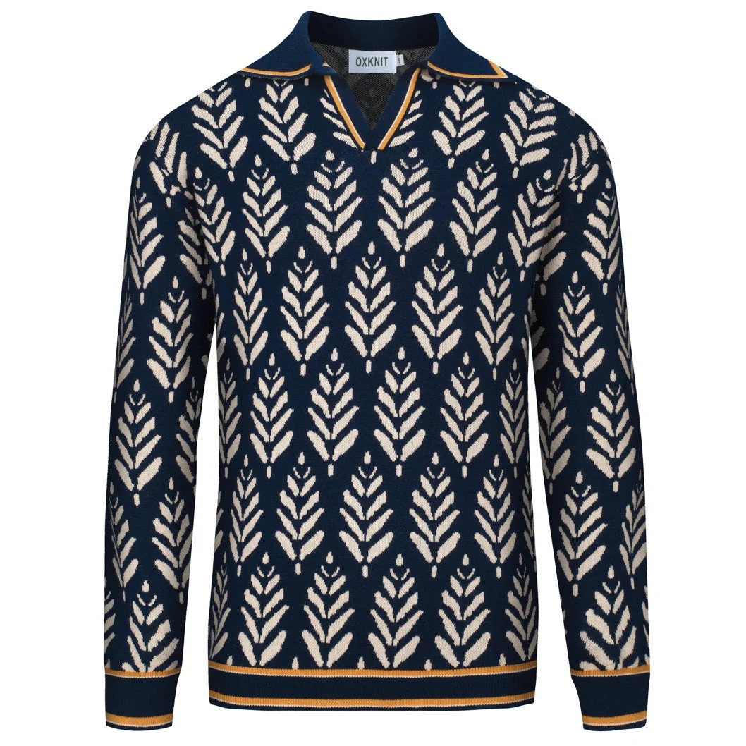 Men's navy 70's jacquard V-neck polo shirt