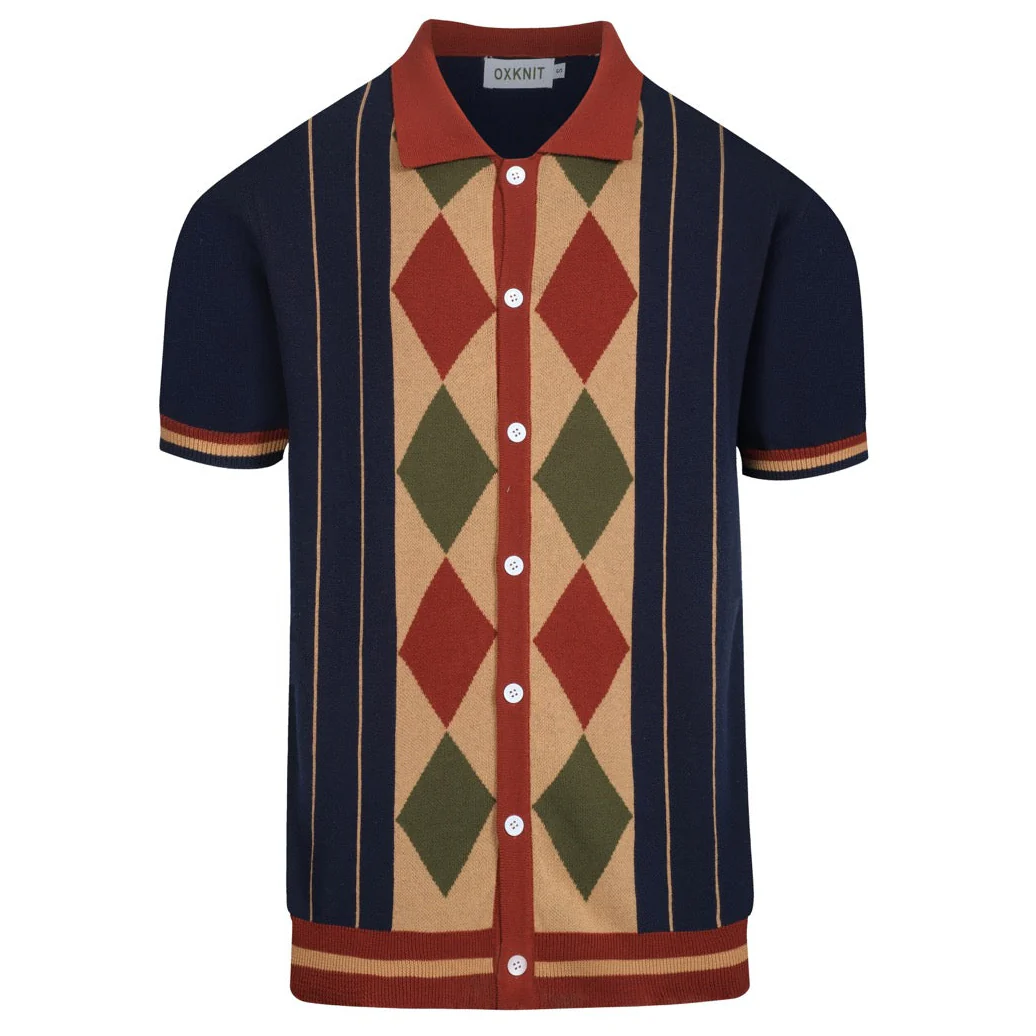Men's navy blue vintage striped diamond check cardigan