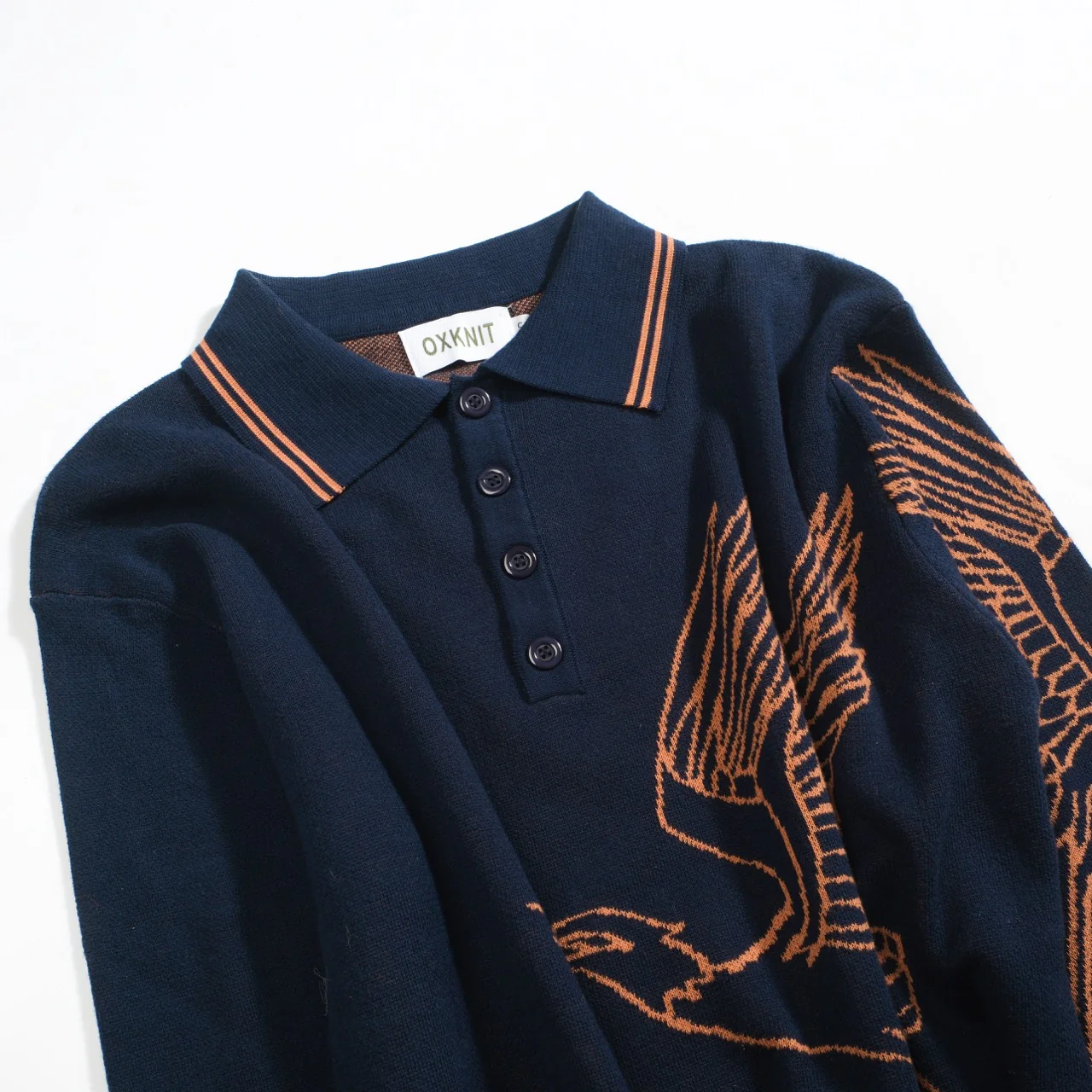 Men's navy Flying Crane art jacquard knitted polo shirt - Image 11