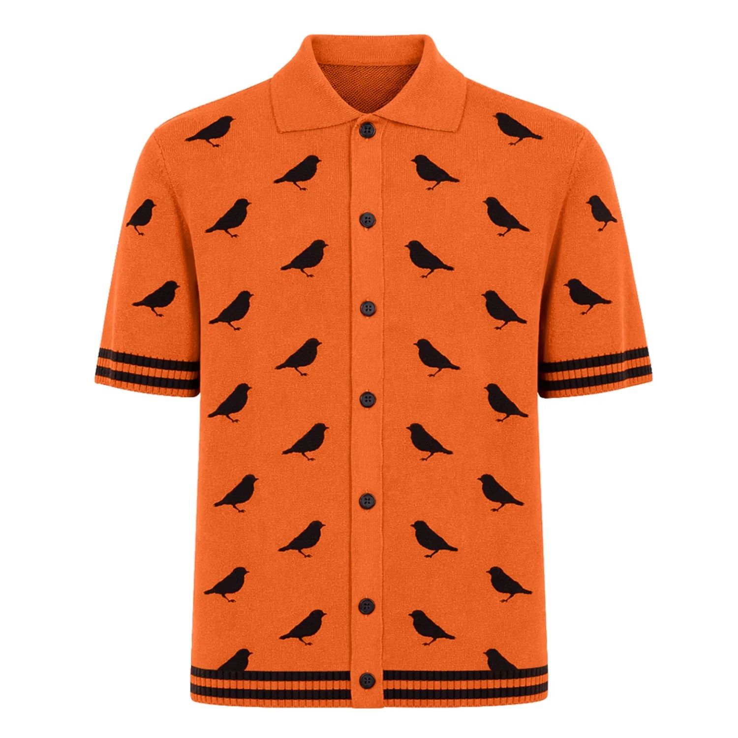 Men's Orange Bird Art Retro Jacquard Knit Shirt