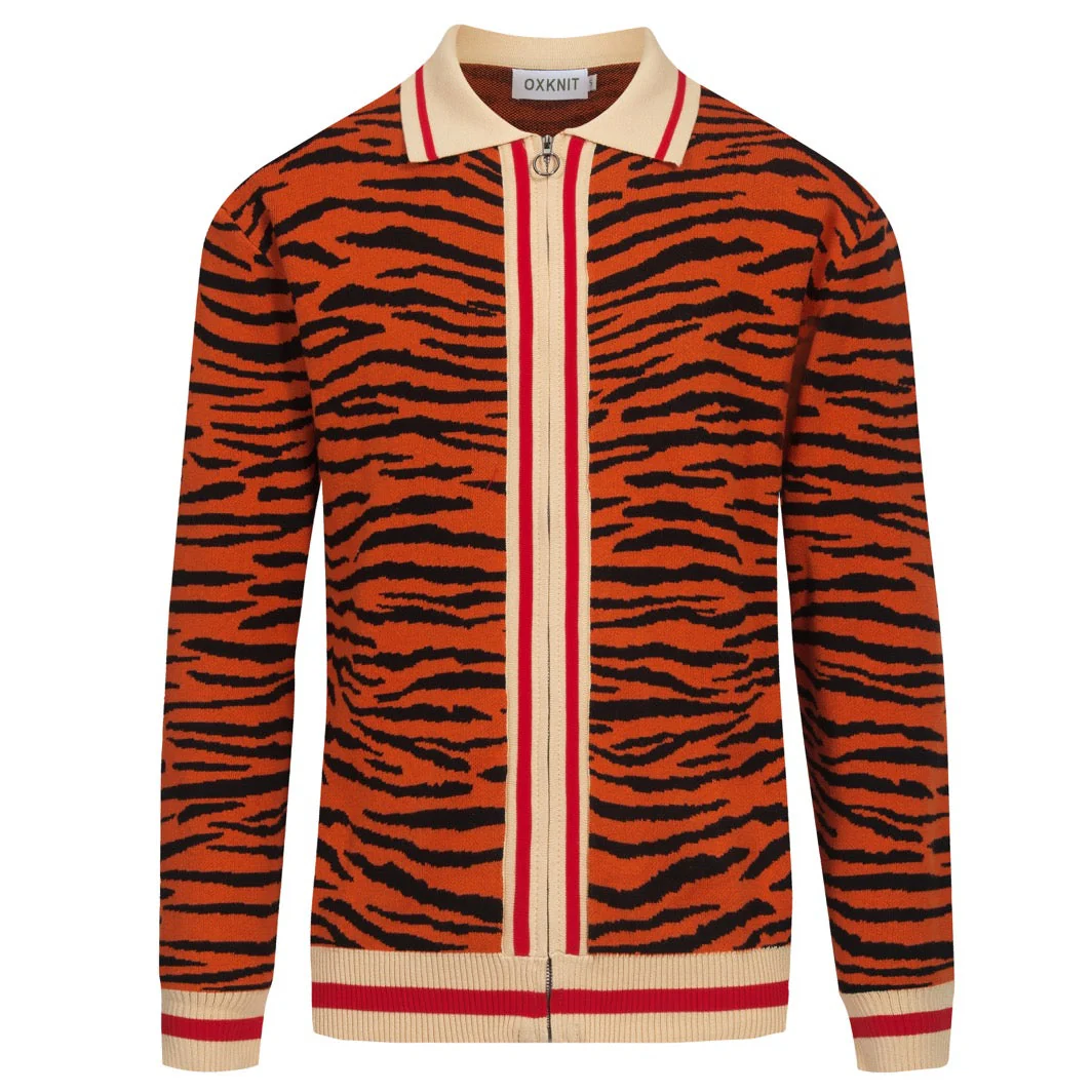 Men's orange striped zipper cardigan