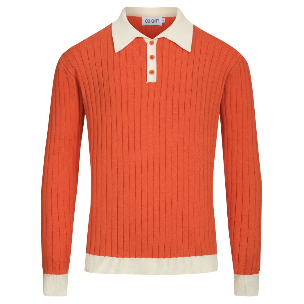 Mens orange vertical pit striped knitted polo shirt