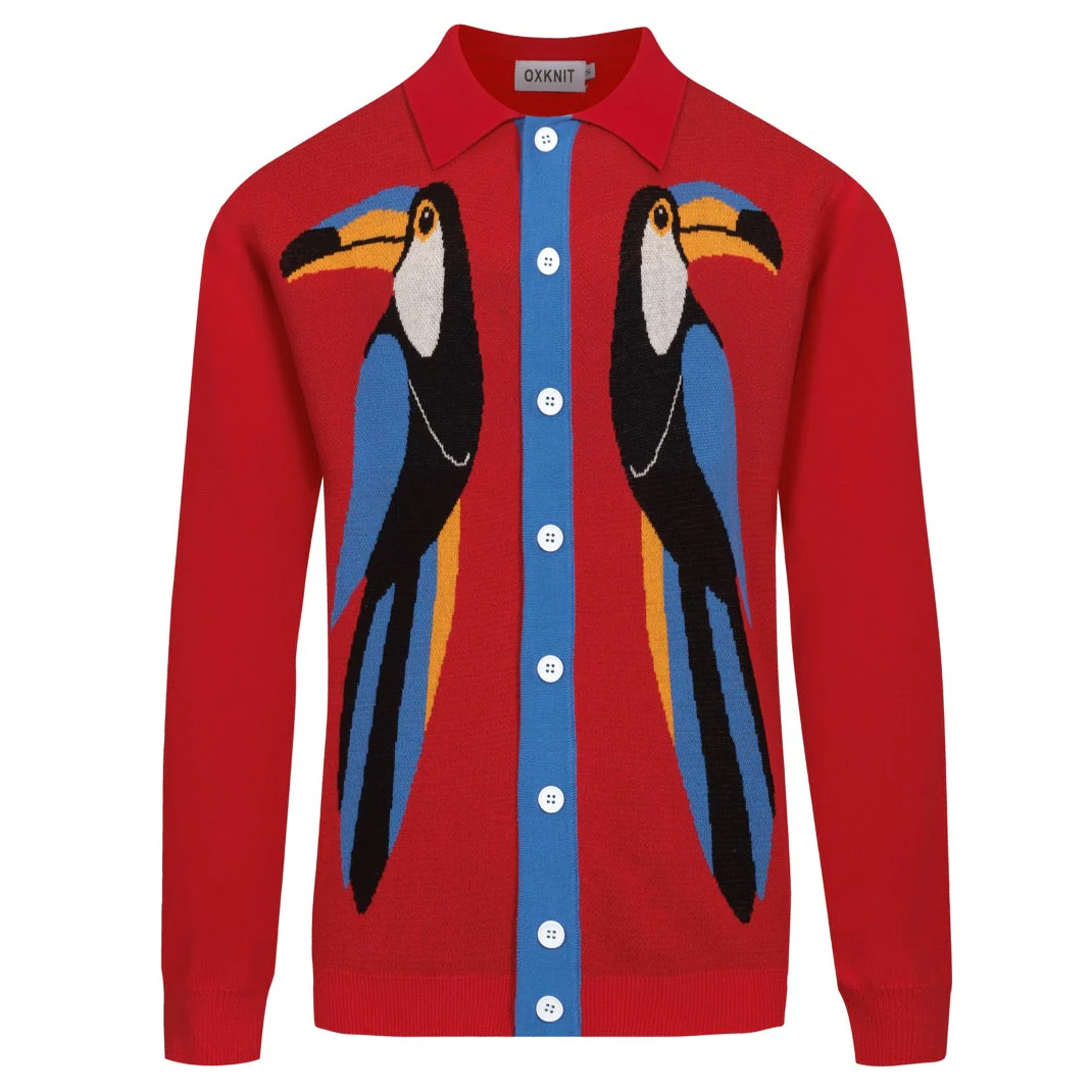 Men's red art Bird vintage jacquard cardigan