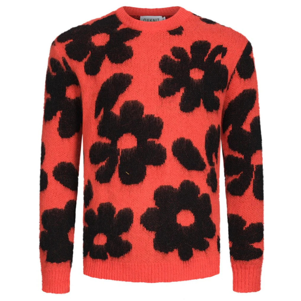 Men's red floral plush knit sweater