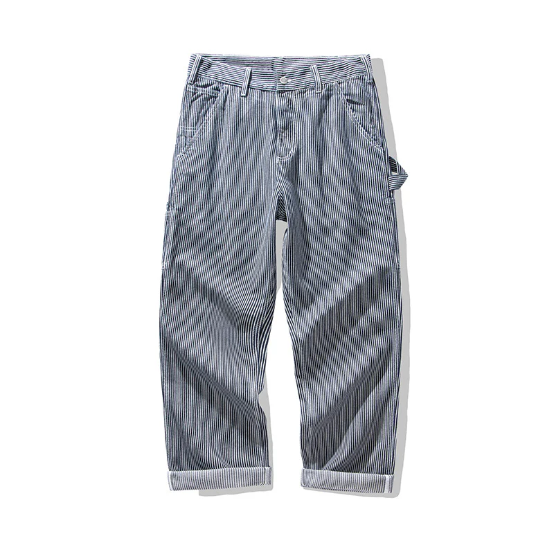 Men's Retro Casual Railway Worker Pocket Striped Cargo Outdoor Work Pants - Image 6