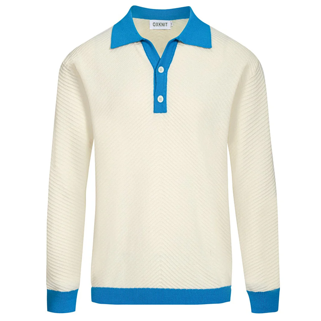 Men's white apricot texture knitted V-neck polo shirt