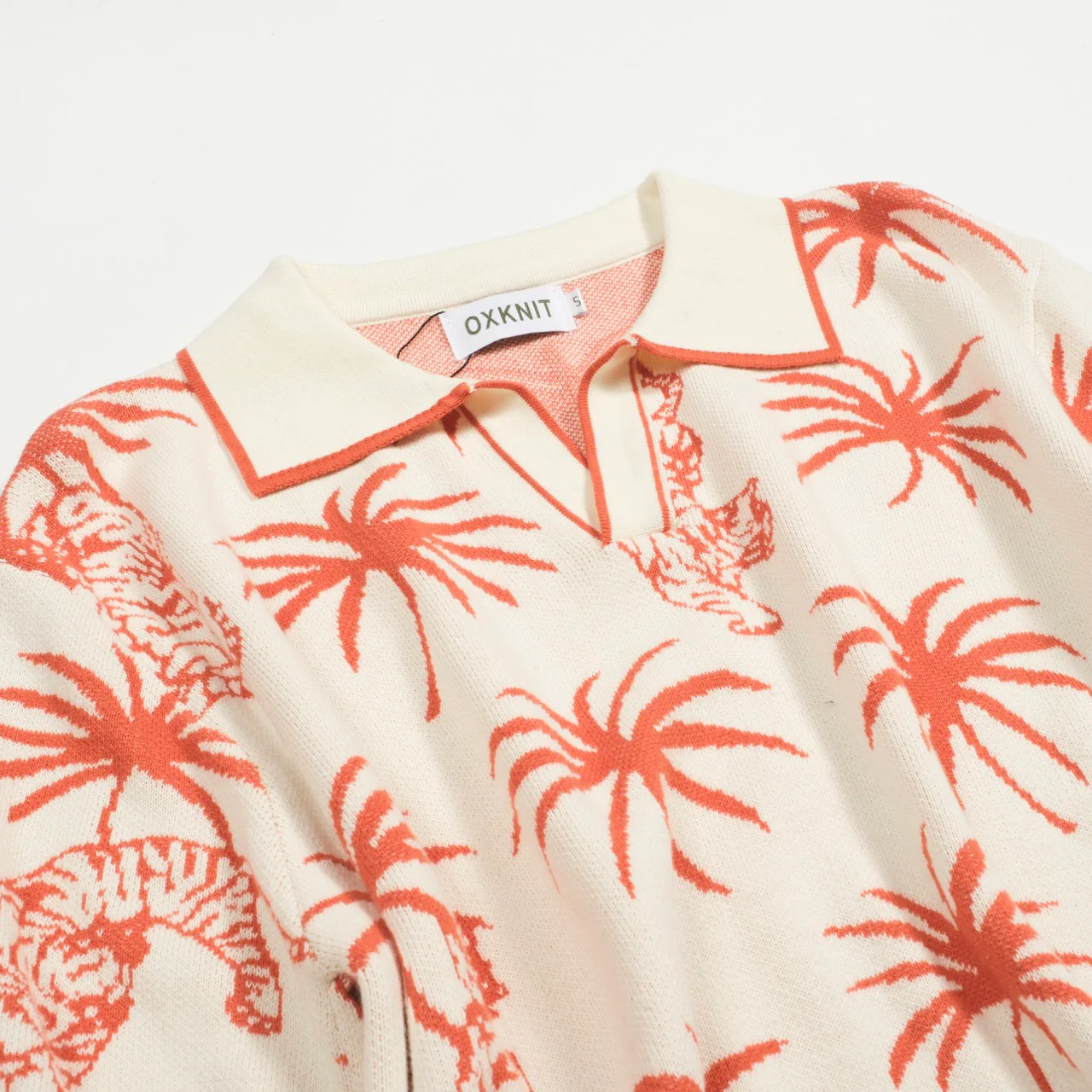 Men's white coconut tree tiger jacquard V-neck knitted polo shirt - Image 6