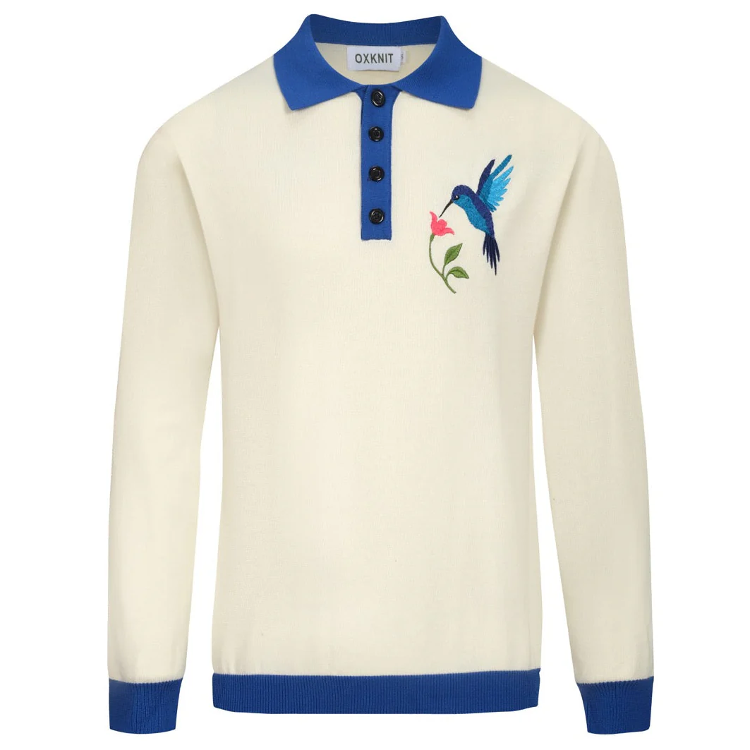 Mens white hummingbird embroidered knitted polo shirt
