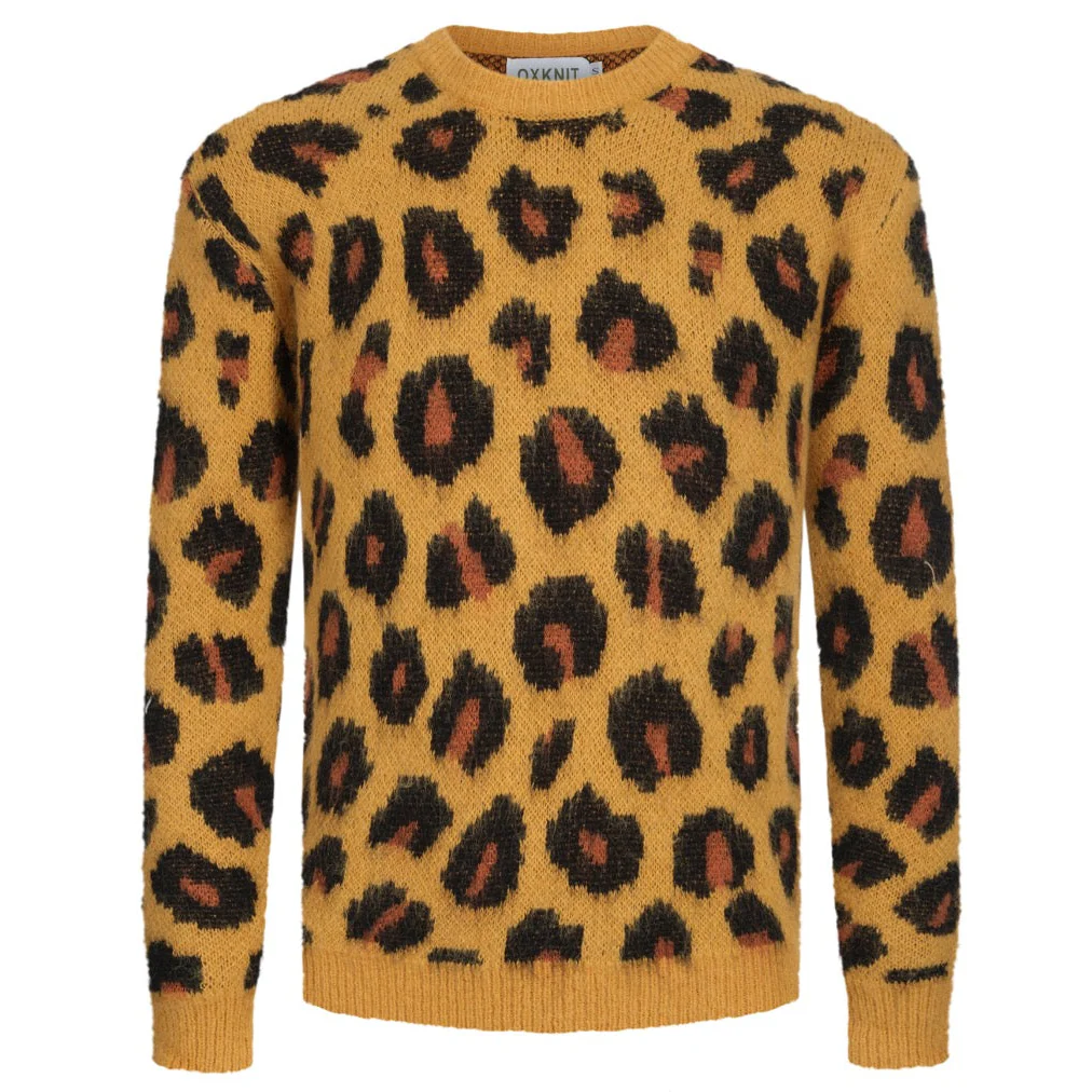 Men's yellow brown leopard print vintage knit sweater