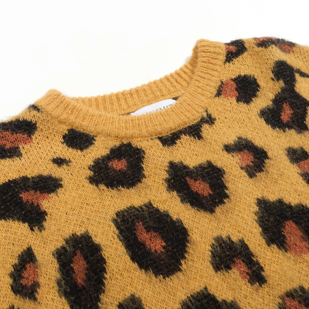 Men's yellow brown leopard print vintage knit sweater - Image 4